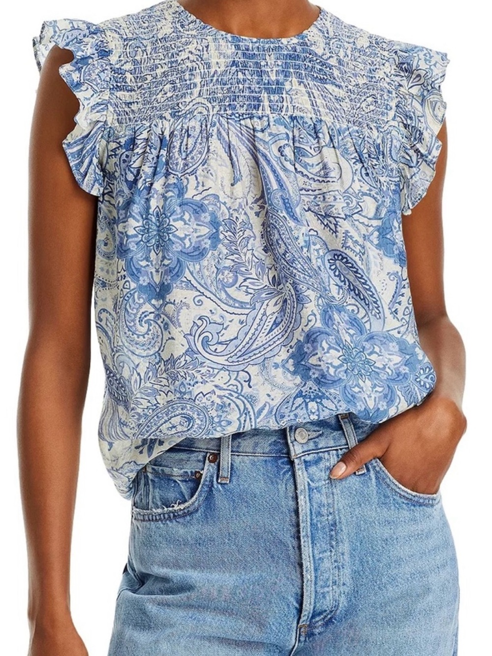 Aqua Paisley Flutter Sleeve Top Size Small